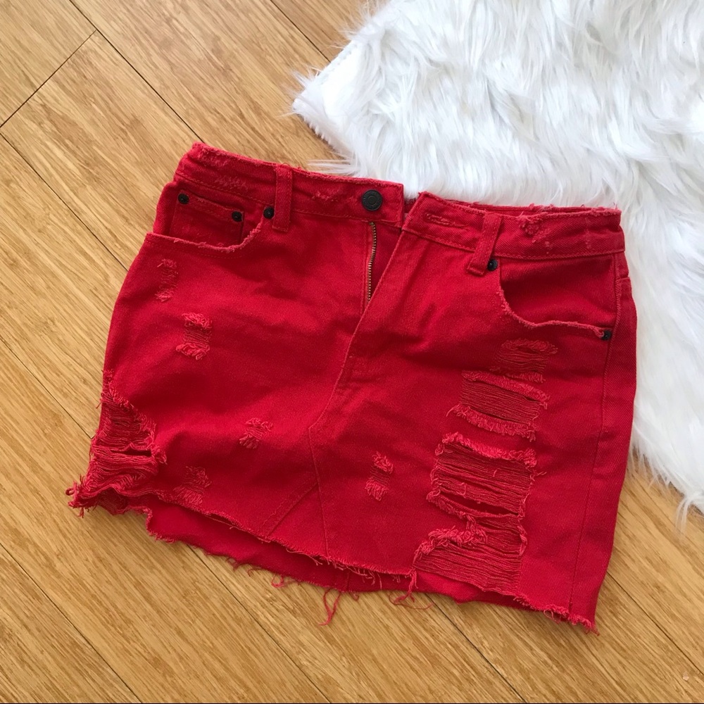 Red denim miniskirt